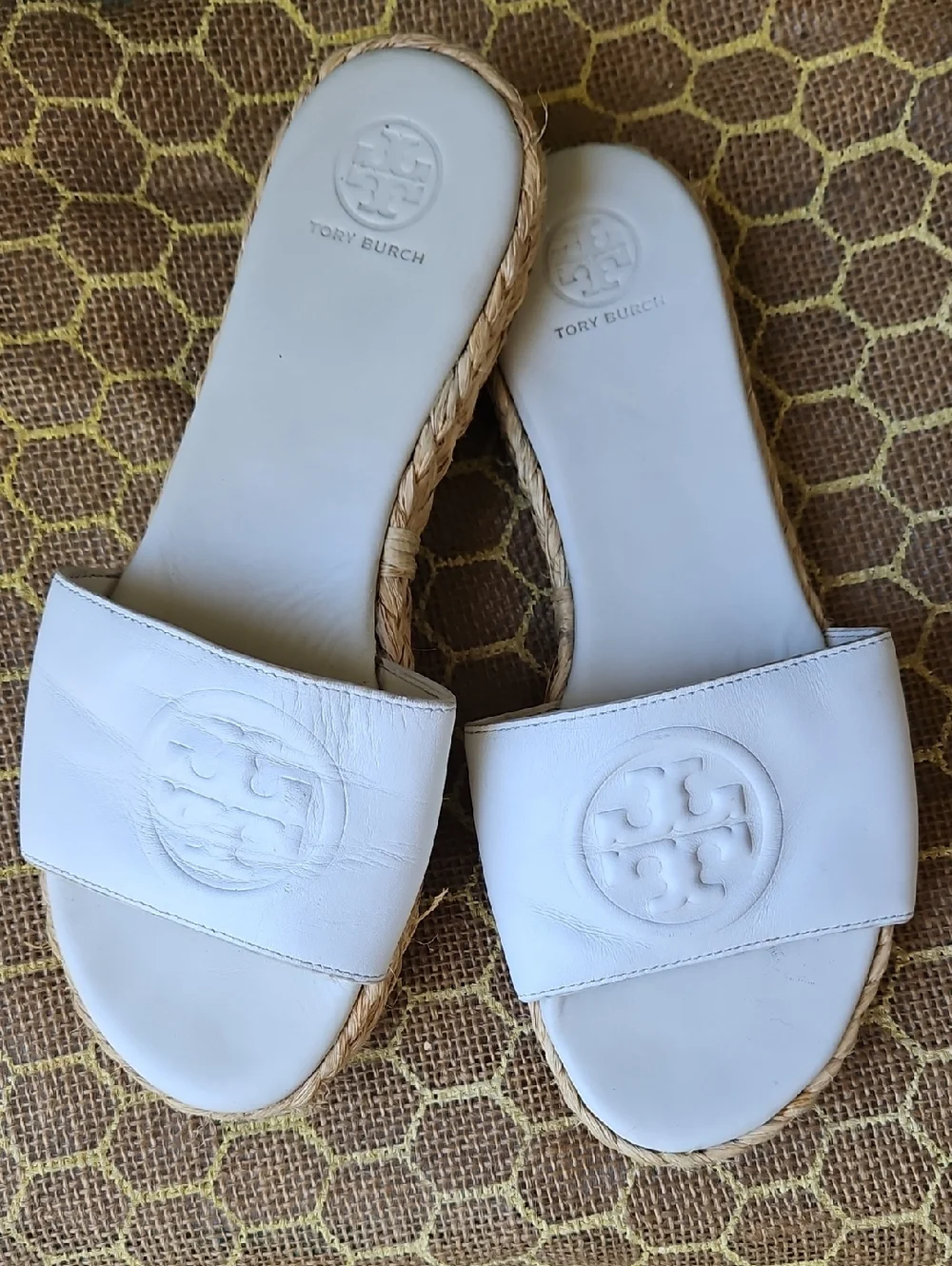 Tory Burch White Leather Espadrille Slide Flats